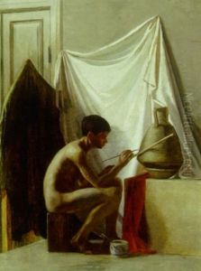 Interior Med Nogen Ung Mand Der Dekorerer En Lerkrukke by Carl Hammer