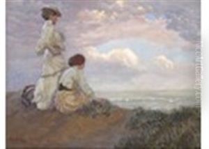 Two Elegant Ladies On The Coast, Gazing Out To Sea by Hans Hammer