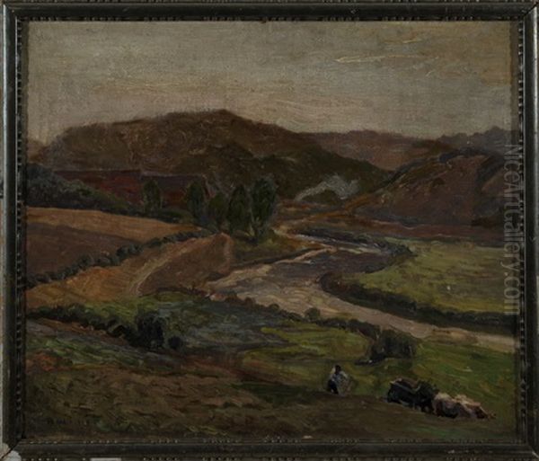 Weite Flusslandschaft Im Voralpenland Mit Pflugendem Bauer Auf Dem Felde - view 1