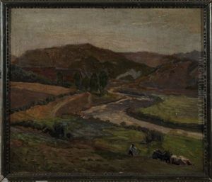 Weite Flusslandschaft Im Voralpenland Mit Pflugendem Bauer Auf Dem Felde by Hans Hammer