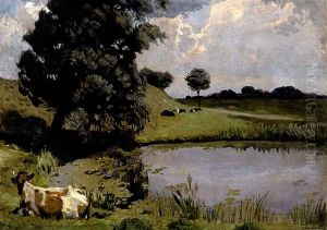 Liegende Kuh Vor Einem Kleinen See by Hans Hammer