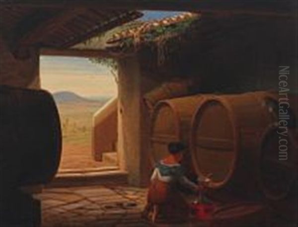 Italian Woman Pouring Red Wine In A Wine Cellar - view 1