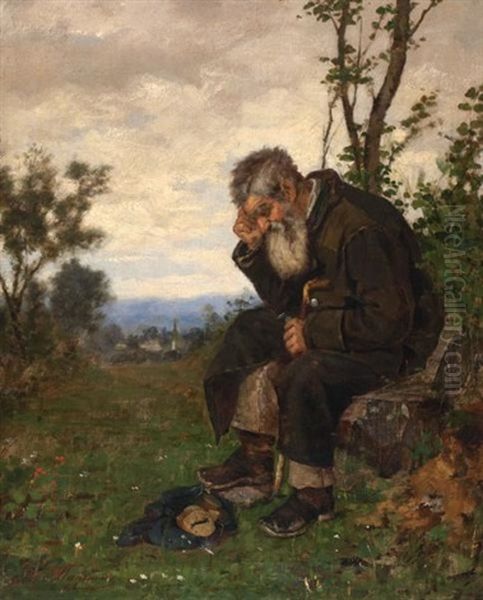 Man Seated In Contemplation In Landscape With Distant Village - view 1