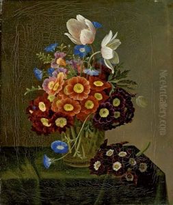 Blumenstillleben Mit Aurikeln Und Anemonen In Einer Glasvase