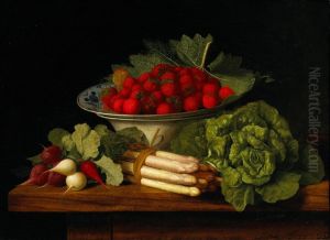 A Still Life With Strawberries In A Bowl And Radishes, Asparagus And A Head Of Lettuce Resting On A Wooden Table