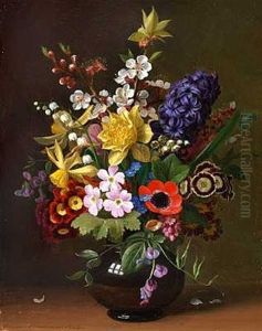 Forarsbuket Med Frugtgren, Primula, Paskeliljer Og Hyacint I En Vase