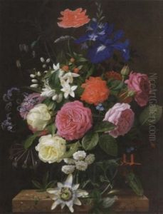 Blumenstilleben. Rosen, Fuchsien, Passionsblumen, Mohn, Nachtyazinthen, Schwertlilien Und Nelken In Einer Glasvase Auf Einem Marmorsockel
