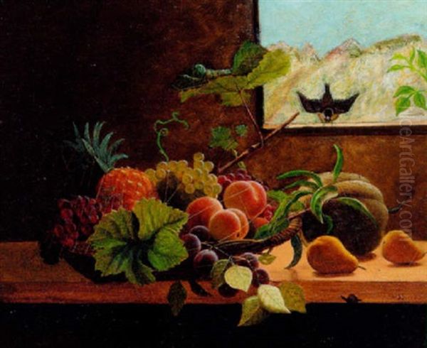 Kurv Med Ananas, Druer Og Blommer Pa En Karm - view 1