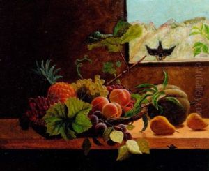 Kurv Med Ananas, Druer Og Blommer Pa En Karm
