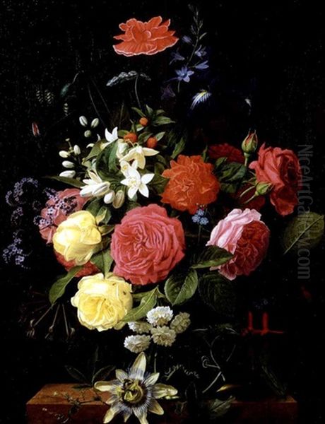 A Still Life With A Vase Of Roses, Iris, Queen Anne's Lace, Fuchsia, Honeysuckle And A Poppy On A Marble Table - view 1