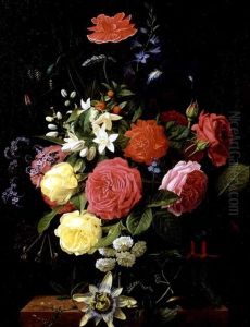 A Still Life With A Vase Of Roses, Iris, Queen Anne's Lace, Fuchsia, Honeysuckle And A Poppy On A Marble Table