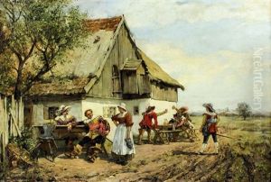 Group Of Men In 17th Century Cavalier Dress Outside An Inn by Max Hammerl