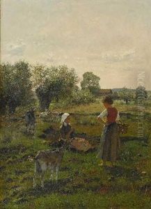Bauernmadchen Mit Weidenden Ziegen by Max Hammerl