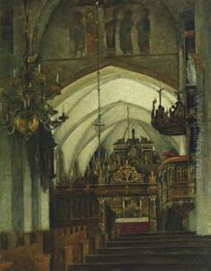 Interior Of A Church With The Altar In The Background by Svend Hammershoi
