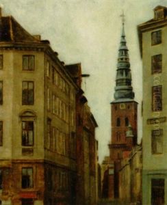 Skt. Nikolaj Kirkes Tarn Og Spir Set Fra Slotsholmen by Svend Hammershoi