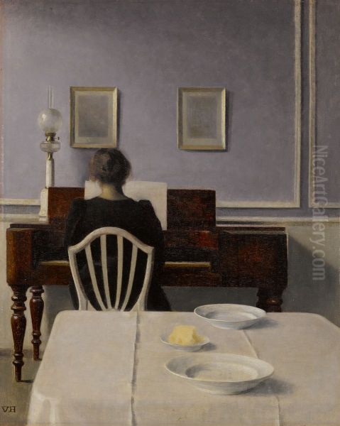 Interior With Woman At Piano, Strandgade 30 by Vilhelm Hammershoi