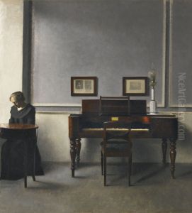 Ida In An Interior With Piano by Vilhelm Hammershoi