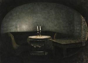 Stue. Kunstigt Lys. Paa Et Rundt Bord Staar To Taendte Lys I Solvstager. Paa Bagvaeggen En Birketraes-sofa. Tilhojre Et Firkantet Bord by Vilhelm Hammershoi