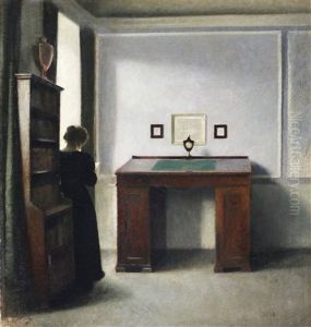 Interior Med Skrivpulpet Och Ung Kvinna by Vilhelm Hammershoi