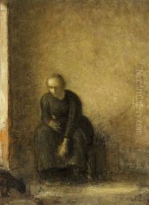 En Kvinde Giver Katten Maelk. Malerens Hustru Giver En Kat Maelk Af En Skaal Som Staar Paa Gulvet by Vilhelm Hammershoi