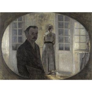 Interior Med Kunstneren Og Hans Hustru-double Portrait Of The Artist And His Wife, Seen Through A Mirror by Vilhelm Hammershoi