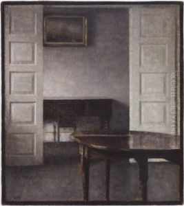 Stue. Flojdorene Staar Aabne Ind Til Et Bagved Liggende Vaerelse, Hvor Man Ser Et Lukket Klaver Med Stol by Vilhelm Hammershoi