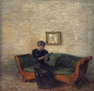 Stue. Pa En Birketraessofa Med Gront Betraek Sidder En Sortklaedt Dame by Vilhelm Hammershoi