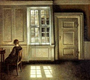 Stue. Til Venstre Sidder - Bortvendt - En Sortklaedt Kvinde, Syslende Med Et Handarbejde by Vilhelm Hammershoi