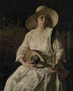 Portrait Einer Dame Mit Hut Und Laute