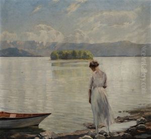 Frau In Weisem Kleid Am Seeufer (wohl Schliersee) by Peter von Hamme-Voitus