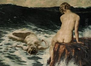 Zwei Frauenakte Am Meer by Peter von Hamme-Voitus