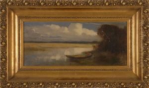Bay Of Fundy Marsh Scene With Small Boat On Shore Beneath Billowing Clouds by John A. Hammond