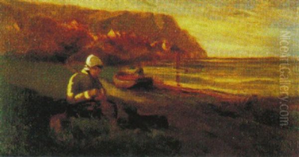 Woman Sewing By The Sea - view 1
