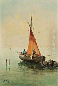 Fishermen In A Boat by Adolphe Paul E. Balfourier