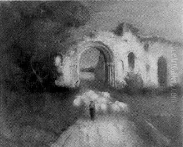 Sheep Passing Through Gateway Ruins - view 1