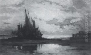 Sailing Vessels At Low Tide by John A. Hammond