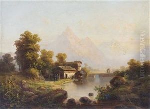 Gehoft Mit Wehrmauer Am See Vor Gebirgskulisse