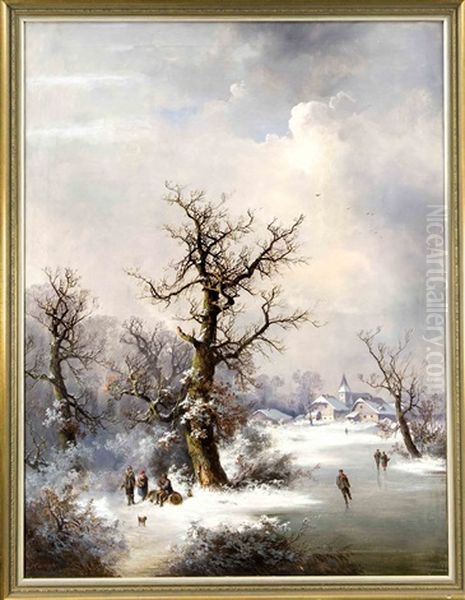Verschneite Winterlandschaft Mit Schlittschuhlaufern Und Rastenden Wanderern - view 1