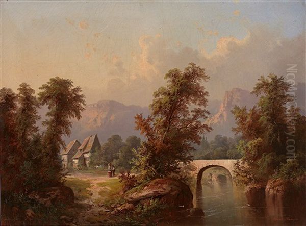 Aus Tirol. Sommerliche Landschaft Mit Flusslauf Und Steinerner Brucke, Hausern Und Figurenstaffage Vor Gebirgshorizont - view 1