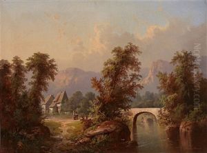 Aus Tirol. Sommerliche Landschaft Mit Flusslauf Und Steinerner Brucke, Hausern Und Figurenstaffage Vor Gebirgshorizont