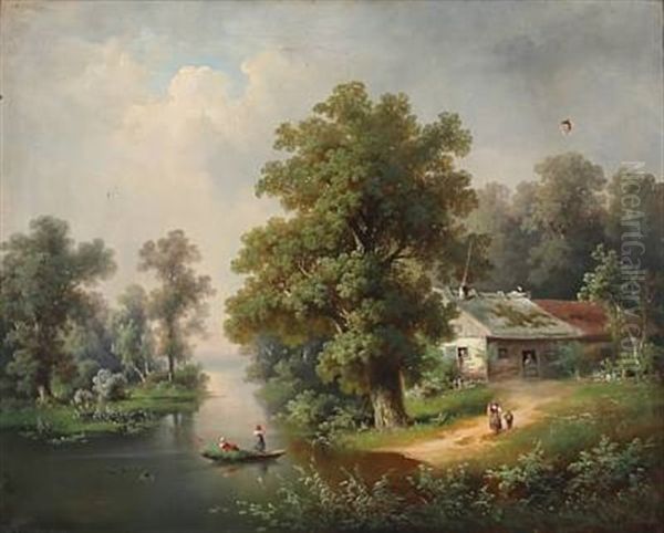 Stream Scene With A Farm - view 1