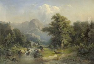Idyllische Gebirgslandschaft Mit Einem Rastenden Paar An Einem Wasserfall