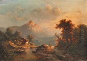 Gebirgsbach Mit Bauernhaus Im Abendlicht