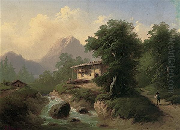 Sommertag In Den Alpen Mit Wildbach, Gehoft Und Aufragendem Massiv - view 1