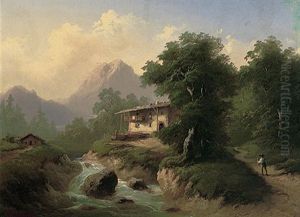 Sommertag In Den Alpen Mit Wildbach, Gehoft Und Aufragendem Massiv