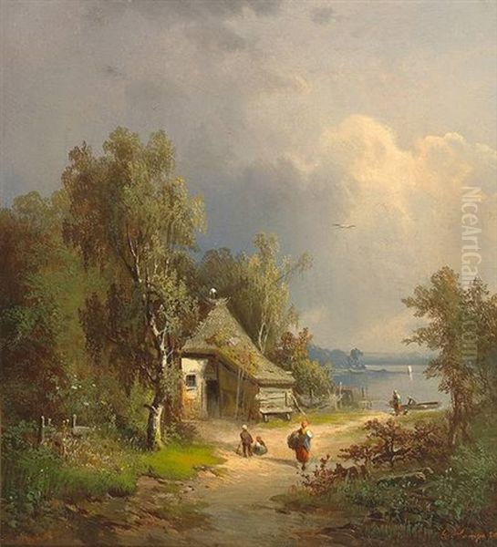 Seenlandschaft Mit Figurenstaffage Und Reetgedeckter Hutte - view 1