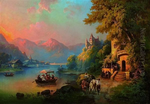 Romantischer Sonnenuntergang An Einem Bergsee. Am Ufer Ein Weinlokal Mit Frohlichen Gasten - view 1
