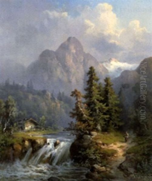 Flussaluf In Den Alpen Mit Gehoft Und Krautersammlerin - view 1