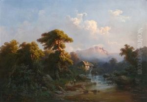 Angler Am Gebirgsbach Vor Wassermuhle Mit Bergmassiv In Der Morgensonne