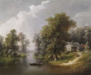 Spreelandschaft Mit Fahrboot Auf Dem Wasser